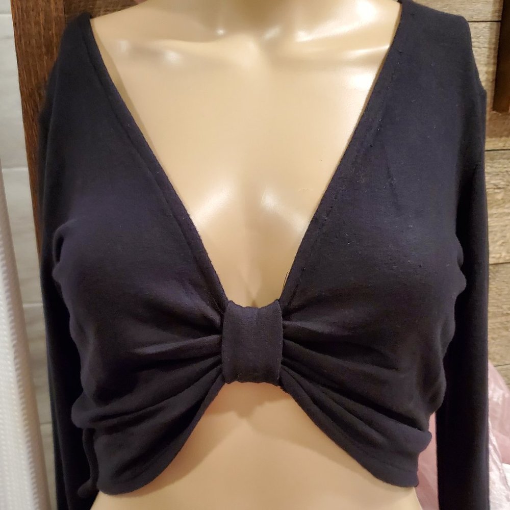 Belita USA Black Long Sleeve Crop Top Bow Tie Front or Back Size S Stretch